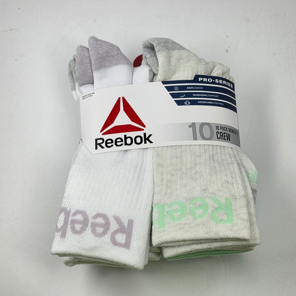 Reebok Womens Pro-Series Crew Socks 10 Pack White Green Grey Shoe Size 4-9